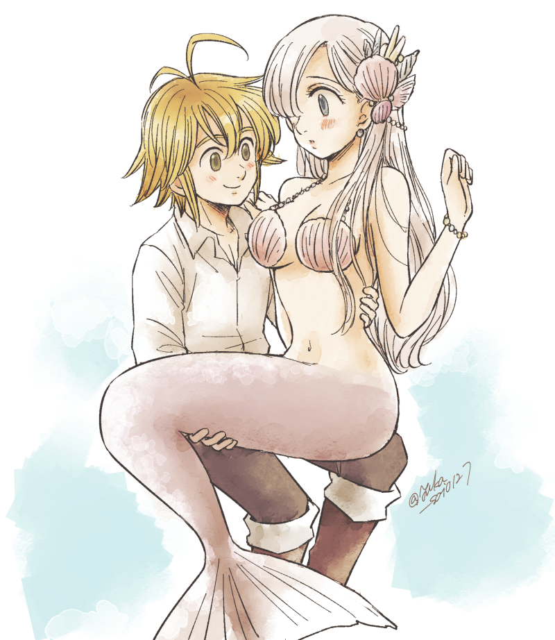 1boy, 1girl, antenna_hair, blonde_hair, blush, bracelet, breasts, brown_eyes, brown_footwear, brown_pants, carrying, cleavage, collarbone, dress_shirt, earrings, elizabeth_liones, grey_eyes, harumiya, jewelry, long_hair, medium_breasts, meliodas, mermaid, monster_girl, nanatsu_no_taizai, navel, pants, parted_lips, princess_carry, shell, shell_bikini, shell_hair_ornament, shirt, silver_hair, smile, twitter_username, very_long_hair, white_background, white_shirt