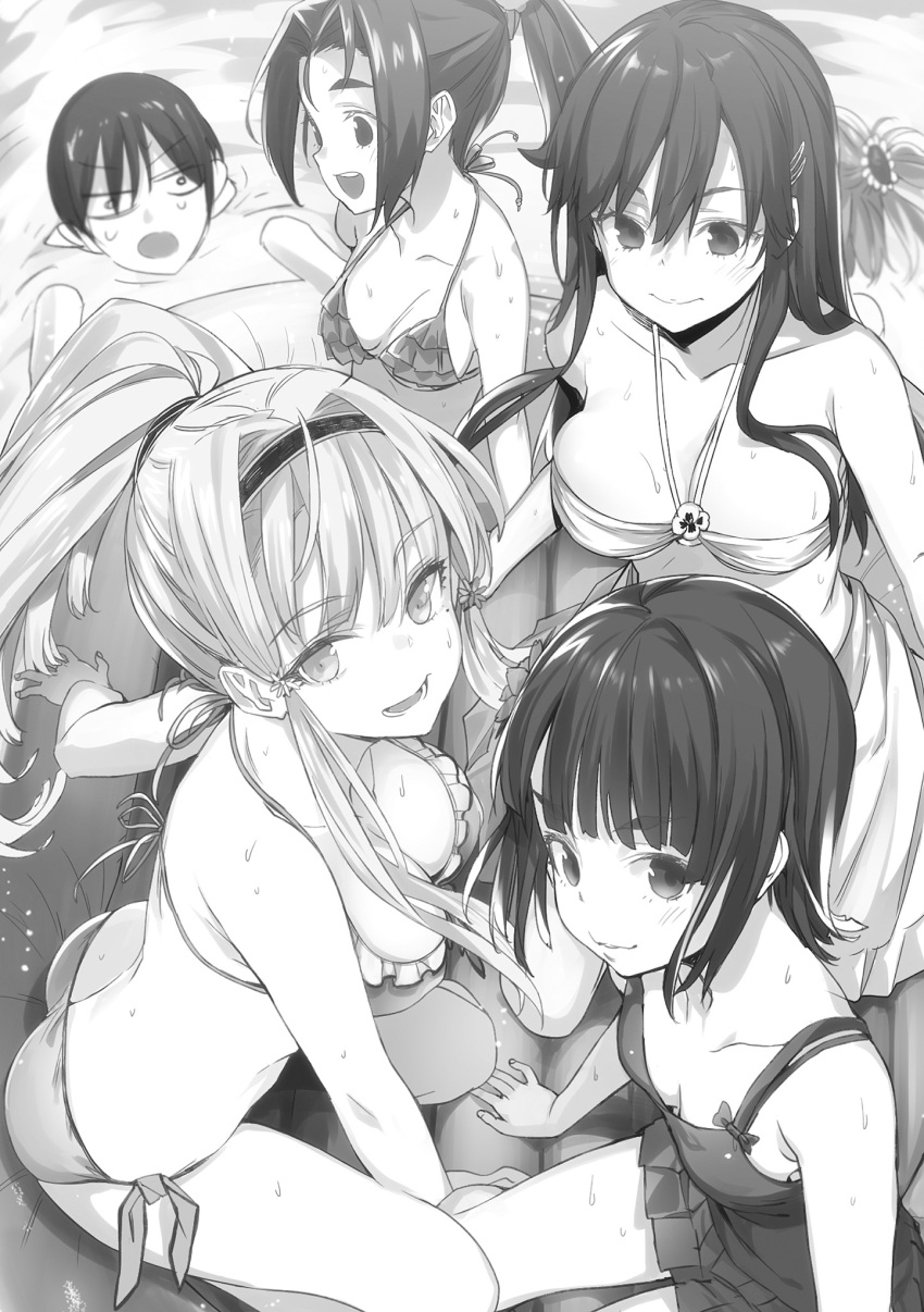1boy, 5girls, :d, akino_sakura_(oresuki), ass, bikini, breasts, buriki