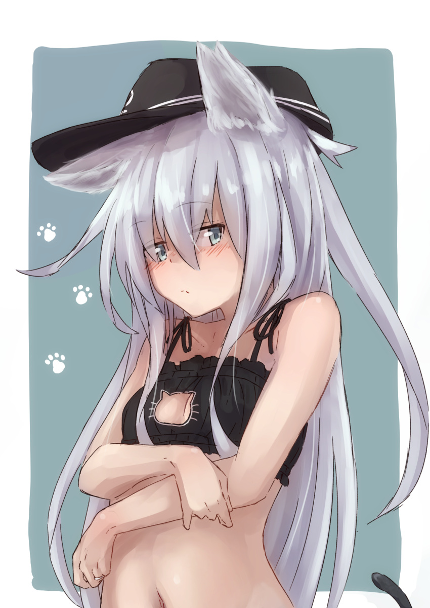 1girl, alternate_costume, animal_ears, blue_background, blue_eyes, blush, breasts, cat_bra
