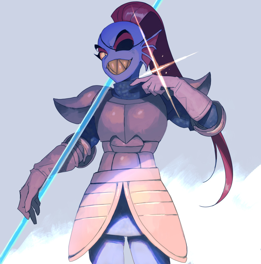 1girl, armor, blue_skin, eyelashes, eyepatch, fins, fish_girl, gleam, gloves, grin, highres, holding, holding_polearm, holding_weapon, long_hair, looking_at_viewer, ouse_(otussger), polearm, red_hair, sharp_teeth, smile, solo, spear, teeth, undertale, undyne, weapon, yellow_sclera