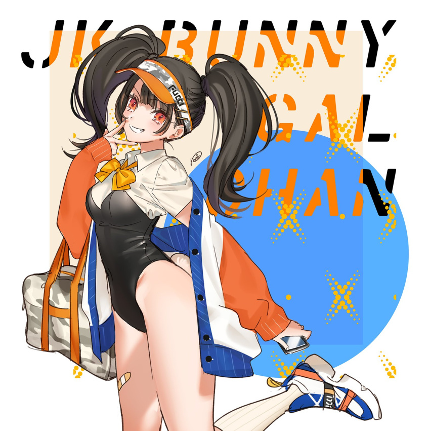 1girl, bag, bandaid, black_hair, bow, bowtie, character_name, grin