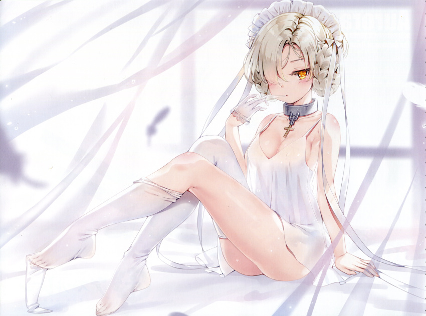 1girl, absurdres, arm_support, azur_lane, bangs, bare_shoulders, bed_sheet, blurry