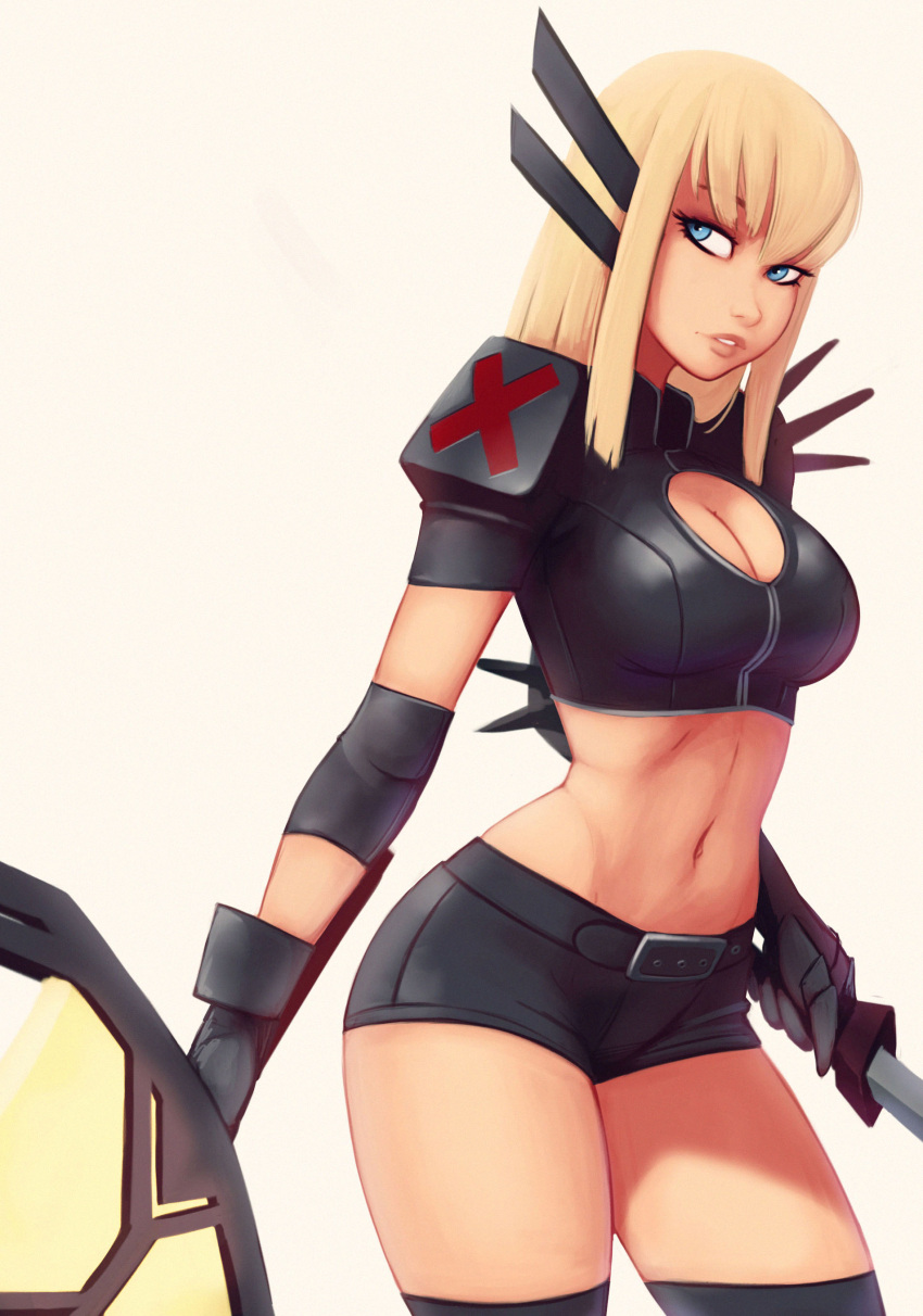 1girl, absurdres, belt, black_gloves, black_legwear, blonde_hair, blue_eyes, breasts