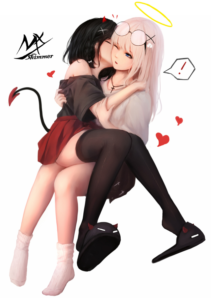 !, 2girls, absurdres, artist_name, bangs, bare_shoulders, black_footwear, black_hair