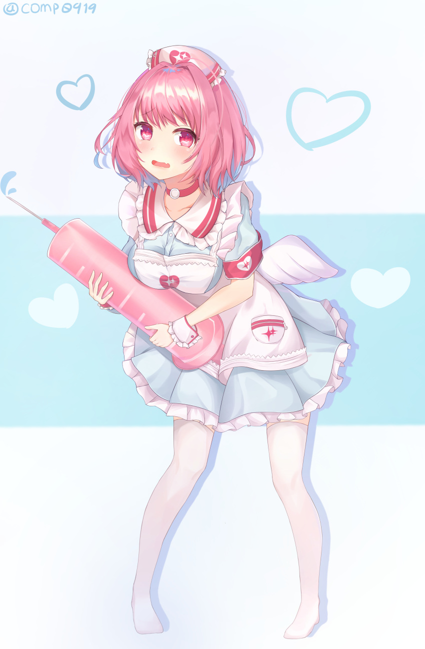1girl, absurdres, apron, armband, bangs, blue_background, blue_hair, blue_shirt