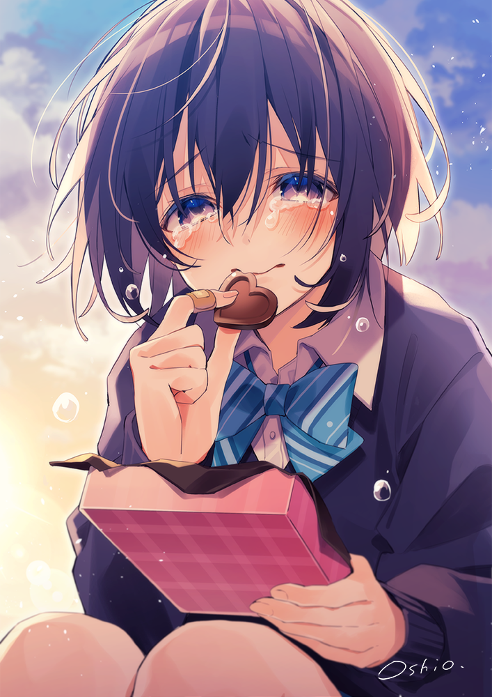 1girl, bandaid, bandaid_on_finger, bangs, blazer, blue_bow, blue_jacket, blush, bow, box, chocolate, chocolate_heart, closed_mouth, collared_shirt, commentary_request, crying, crying_with_eyes_open, diagonal_stripes, dress_shirt, eyebrows_visible_through_hair, fingernails, food, hair_between_eyes, heart, holding, holding_box, holding_food, jacket, long_sleeves, looking_at_viewer, original, oshio_(dayo), purple_hair, shirt, signature, solo, squatting, striped, striped_bow, tears, valentine, violet_eyes, white_shirt
