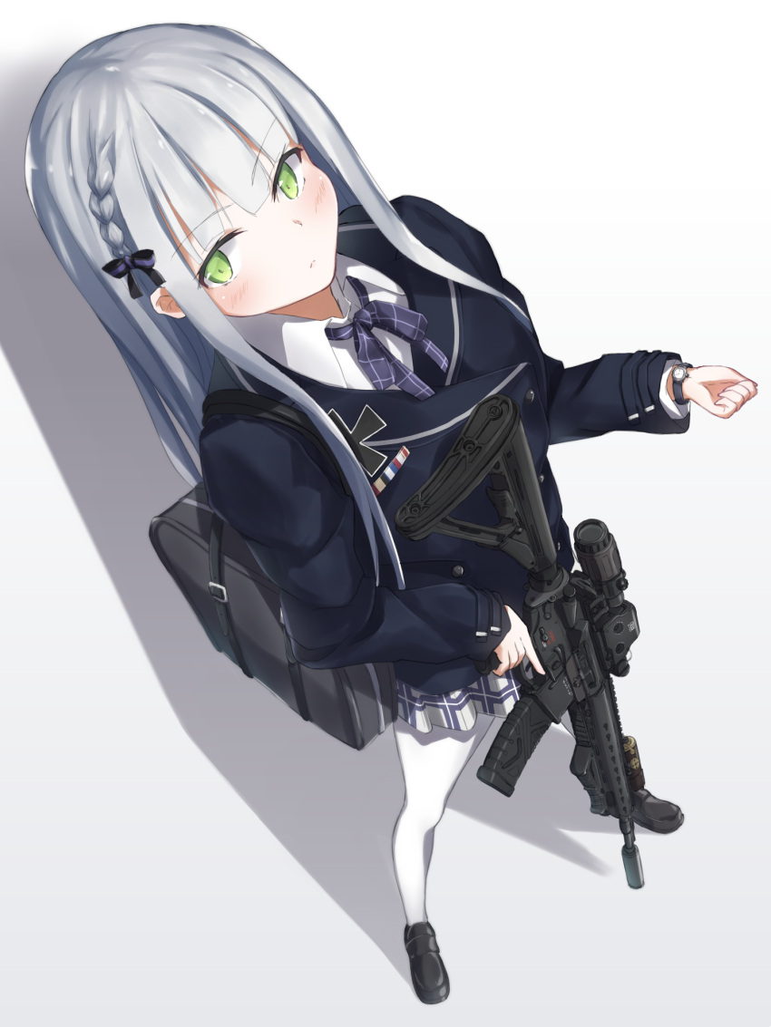 1girl, assault_rifle, bag, blush, braid, commentary, full_body, girls_frontline