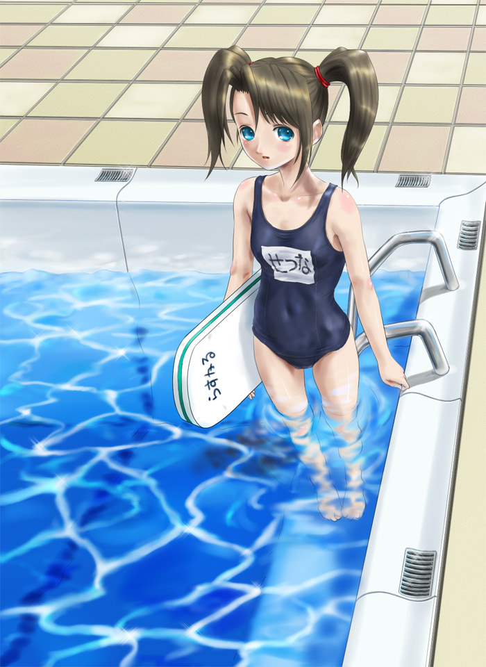 blue_eyes, blush, brown_hair, flat_chest, kickboard, name_tag, one-piece_swimsuit, original