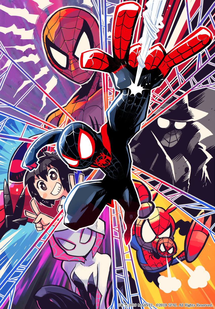 2girls, \m/, absurdres, black_hair, bodysuit, clenched_hand, coat, hat, highres, hood, looking_at_viewer, marvel, mask, mecha, miles_morales, monochrome, multiple_girls, peni_parker, rariatto_(ganguri), silk, snorting, snout, sp//dr, spider-gwen, spider-ham, spider-man, spider-man:_into_the_spider-verse, spider-man_(miles_morales), spider-man_(series), spider-man_noir, spider_web, spider_web_print, superhero, v