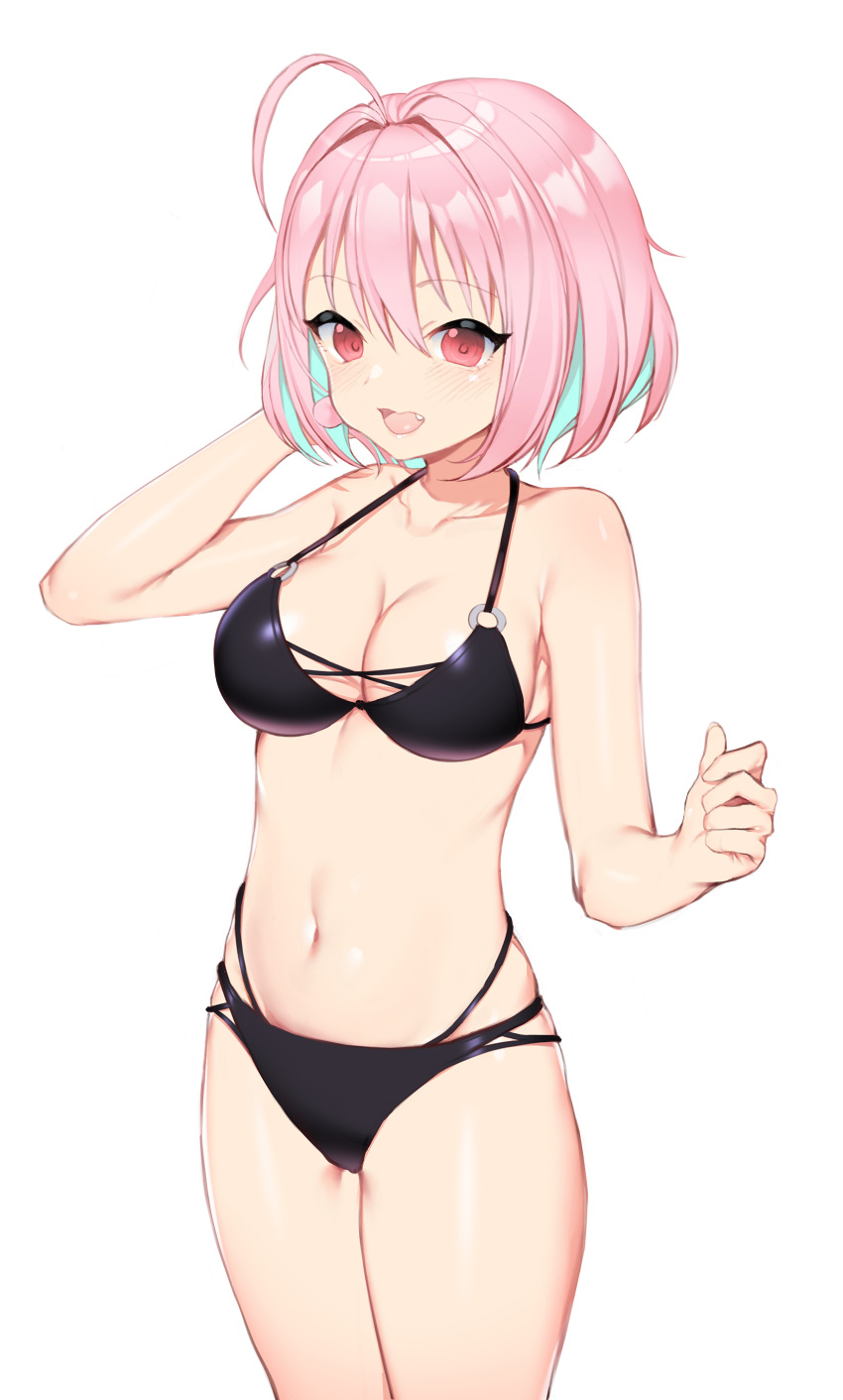 1girl, :d, absurdres, ahoge, aqua_hair, arm_behind_head, armpit_crease, bare_arms