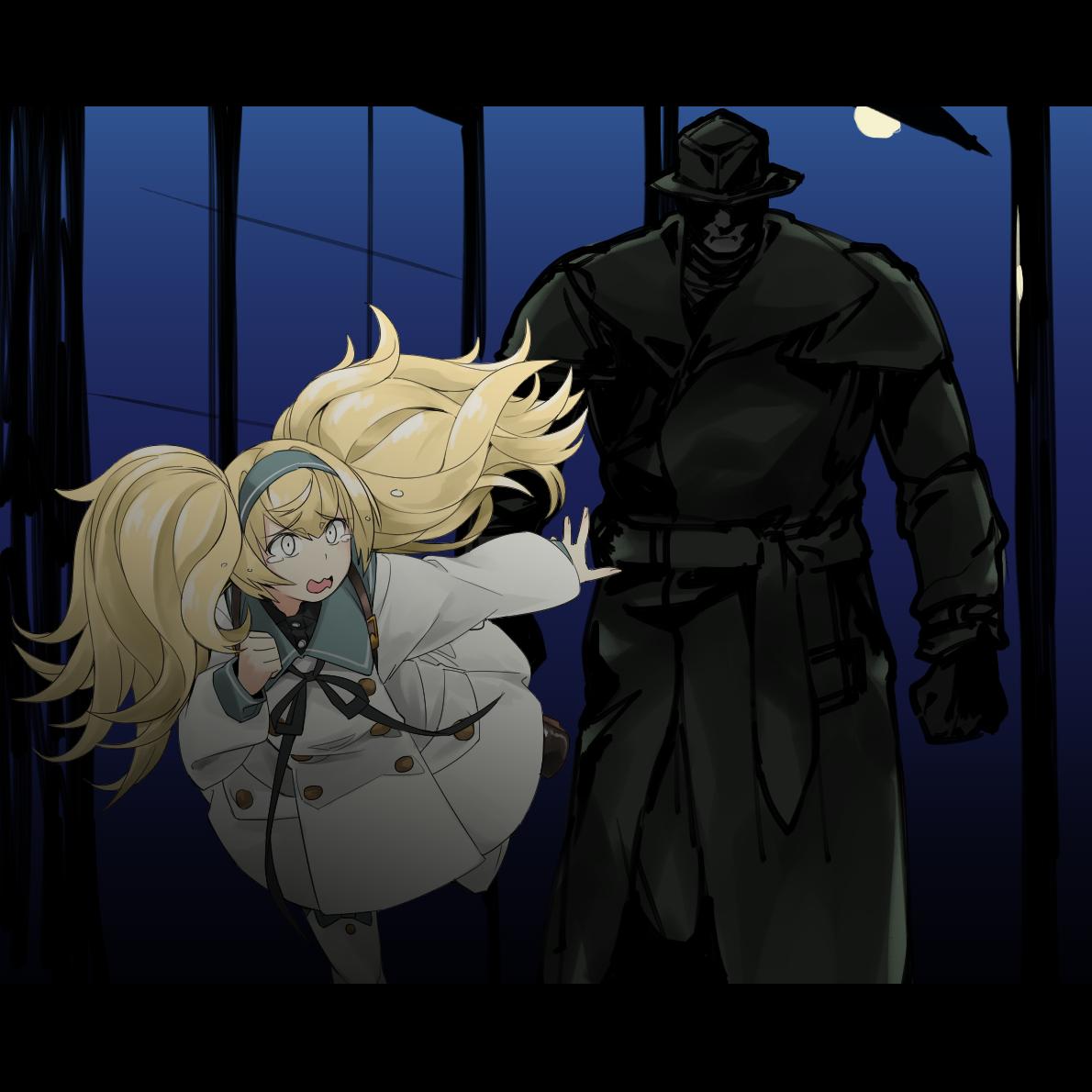 1boy, 1girl, backpack, bag, blonde_hair, breasts, character_request, coat