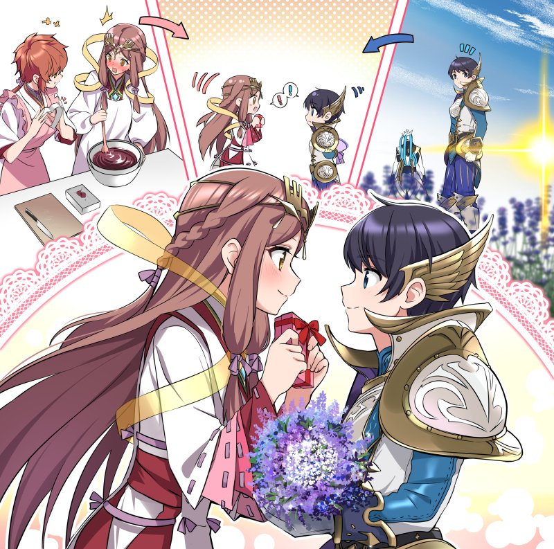 apron, armor, bangs, blush, chocolate, collarbone, fan_la_norne, feather_hair