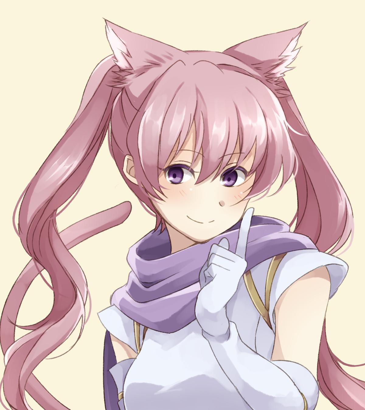 1girl, animal_ears, cat_ears, cat_tail, closed_mouth, elbow_gloves, fire_emblem, fire_emblem:_rekka_no_ken, gloves, highres, long_hair, mememefe, nintendo, pink_hair, serra, simple_background, smile, solo, tail, twintails, upper_body, violet_eyes, white_gloves