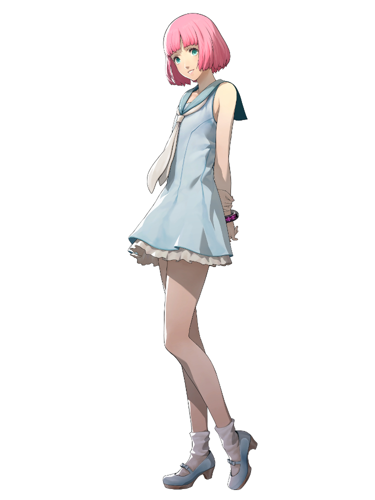 1girl, arms_behind_back, atlus, bangs, blue_dress, blunt_bangs, bracelet, catherine:_full_body, catherine_(game), dress, flat_chest, full_body, green_eyes, high_heels, jewelry, looking_at_viewer, official_art, petite, pink_hair, rin_(catherine), simple_background, smile, socks, soejima_shigenori, solo, white_background, white_legwear