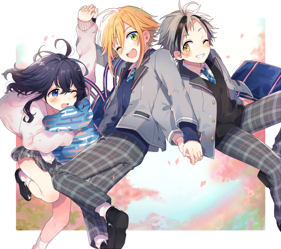 1girl, 2boys, blush, green_eyes, hand_holding, izumo_kasumi_(nijisanji), looking_at_viewer, multiple_boys, necktie, nijisanji, open_mouth, pants, plaid, plaid_pants, plaid_vest, pleated_skirt, school_uniform, shimada71_72, skirt, suzuki_masaru, uzuki_kou, vest, yellow_eyes