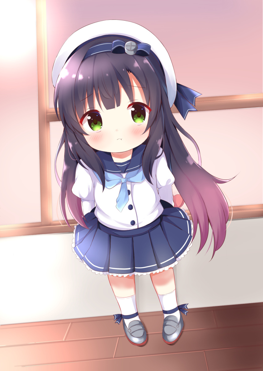 1girl, :t, arms_behind_back, bangs, beret, blue_sailor_collar, blue_skirt, blush