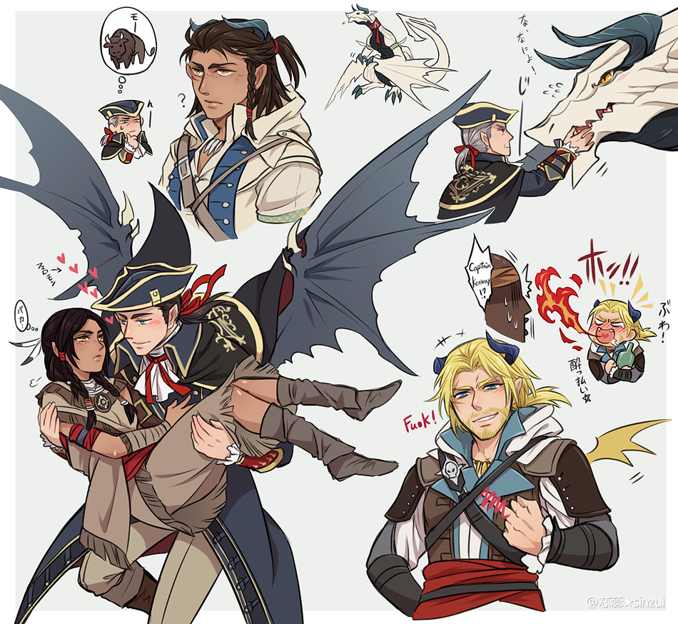 adewale, assassin's_creed_(series), assassin's_creed_iii, assassin's_creed_iv:_black_flag, beard, black_hair, blonde_hair, blue_eyes