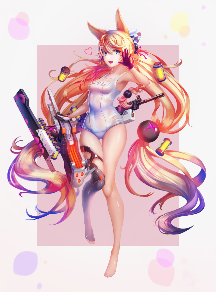 1girl, absurdly_long_hair, absurdres, alternate_costume, alternate_hairstyle, animal_ears, arm_strap, assault_rifle