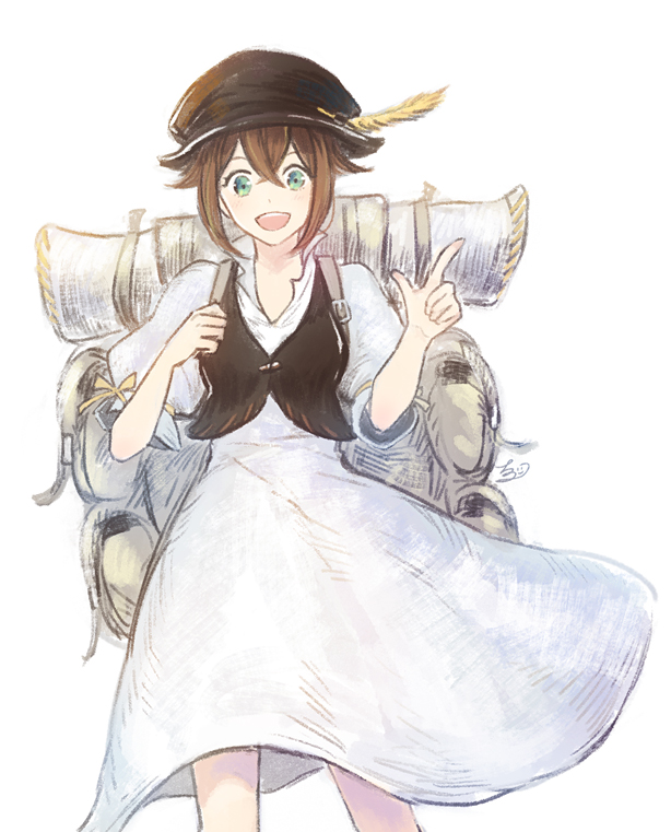 1girl, backpack, bag, blue_eyes, brown_hair, brown_hat, chizu_(fiute), cowboy_shot