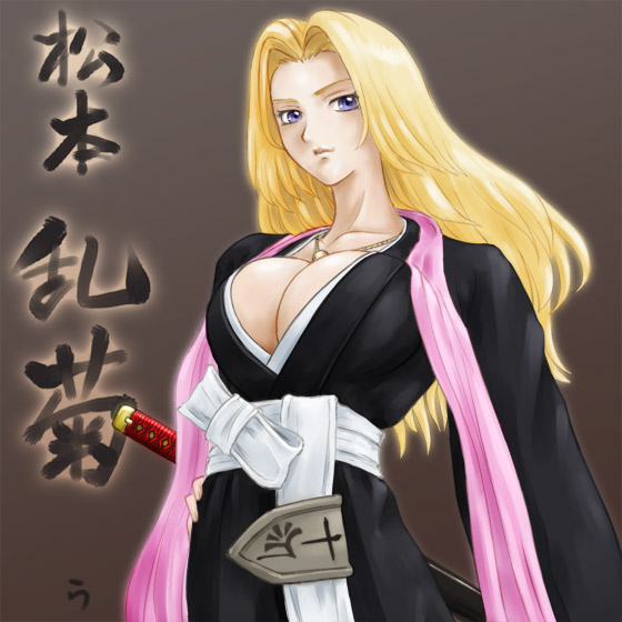 blonde_hair, blue_eyes, breasts, cleavage, large_breasts, lipstick, long_hair, matsumoto_rangiku, rasukaru, rasukaru_(pixiv74058), sword, weapon