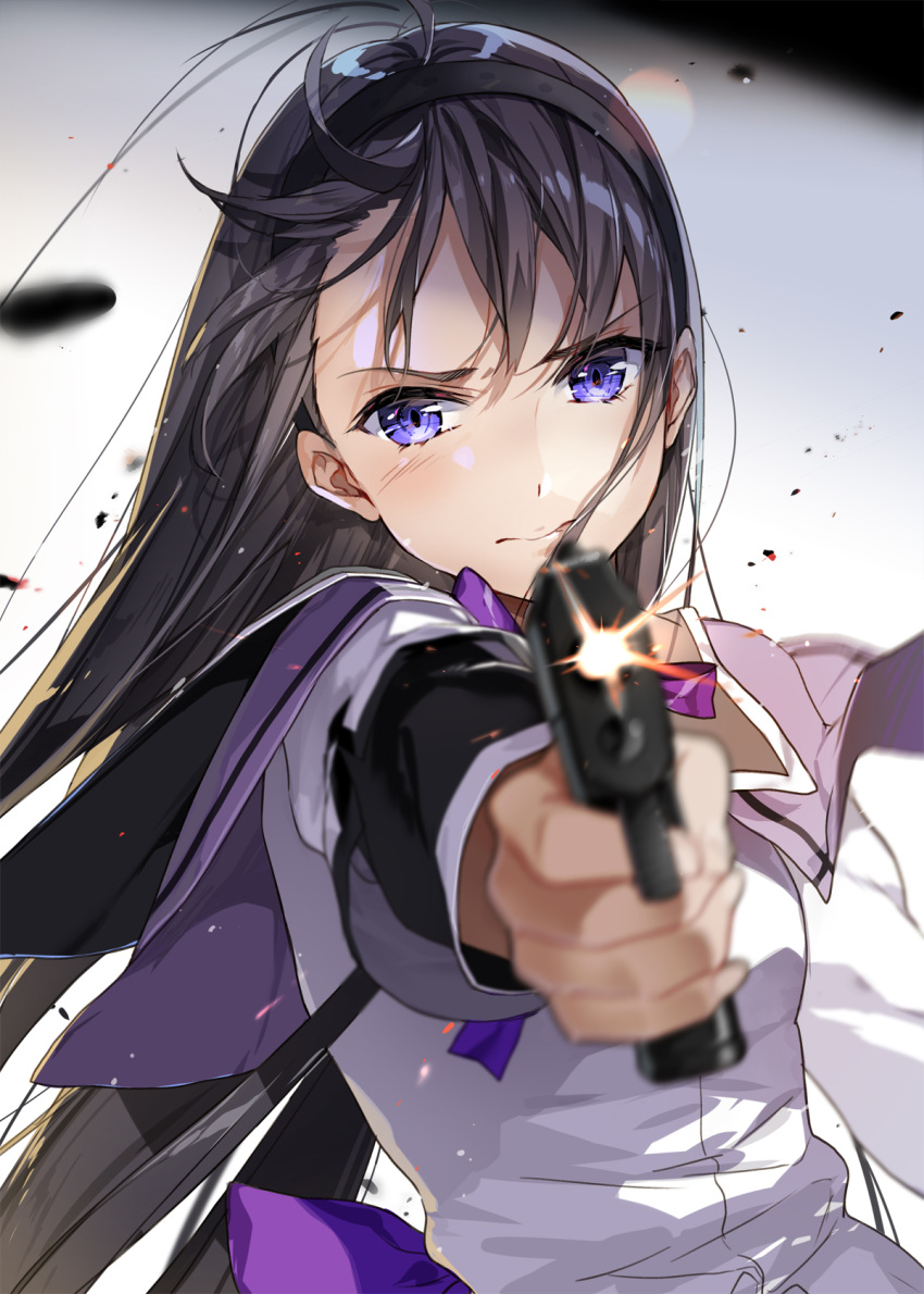 1girl, aiming_at_viewer, akemi_homura, bangs, black_hair, blurry, blurry_background, blurry_foreground