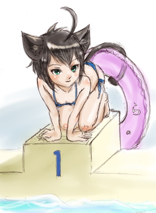 ahoge, all_fours, animal_ears, barefoot, bikini, brown_hair, cat_ears, cat_tail