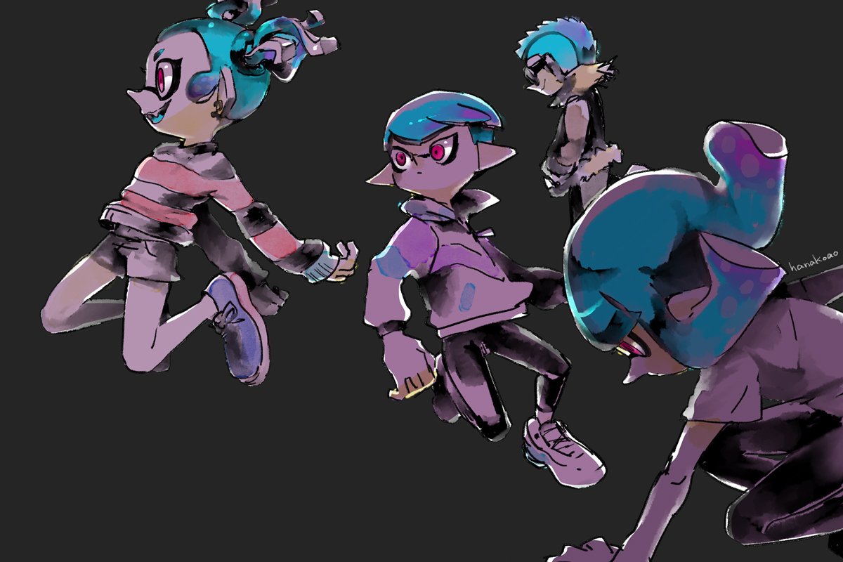 2boys, 2girls, earrings, goggles, grey_background, hanako515_ika, inkling, jewelry
