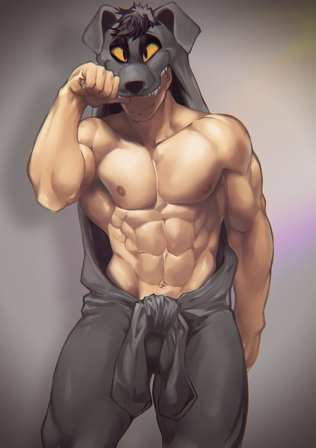 1b, 1boy, 8_(yamalu), abs, animal_hood, contrapposto, cosplay, cowboy_shot