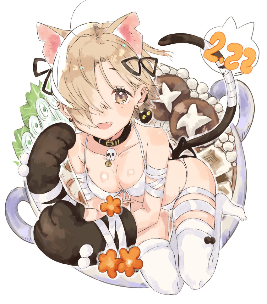 1girl, :d, absurdres, ahoge, alternate_breast_size, animal_ears, asymmetrical_hair, bandage