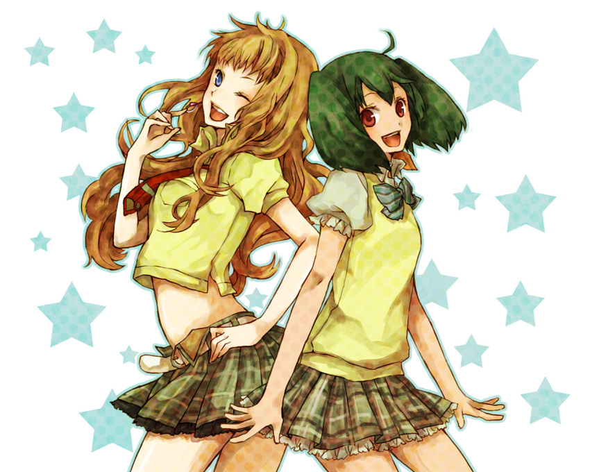 blue_eyes, buzz, green_hair, happy, long_hair, macross, macross_frontier, mdriff, midriff, ranka_lee, red_eyes, school_uniform, sheryl_nome, short_hair, skirt, wink
