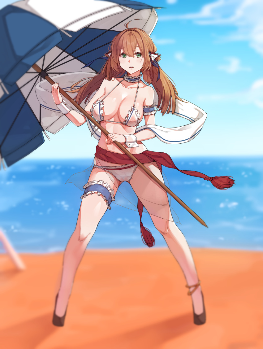 1girl, :d, absurdres, ahoge, anklet, arm_garter, bangs, bare_arms, bare_legs, bare_shoulders, beach, beach_umbrella, bikini, blue_sky, blurry, blurry_background, blush, breasts, brown_footwear, brown_hair, cleavage, collarbone, day, depth_of_field, eyebrows_visible_through_hair, frilled_bikini, frills, full_body, girls_frontline, gluteal_fold, green_eyes, hair_between_eyes, highres, holding, horizon, jewelry, large_breasts, leg_garter, legs_together, looking_at_viewer, m1903_springfield_(girls_frontline), neck_garter, ocean, open_mouth, outdoors, sash, shawl, sky, smile, solo, standing, swimsuit, umbrella, water, wrist_cuffs, xiangxian_(sangheon23)