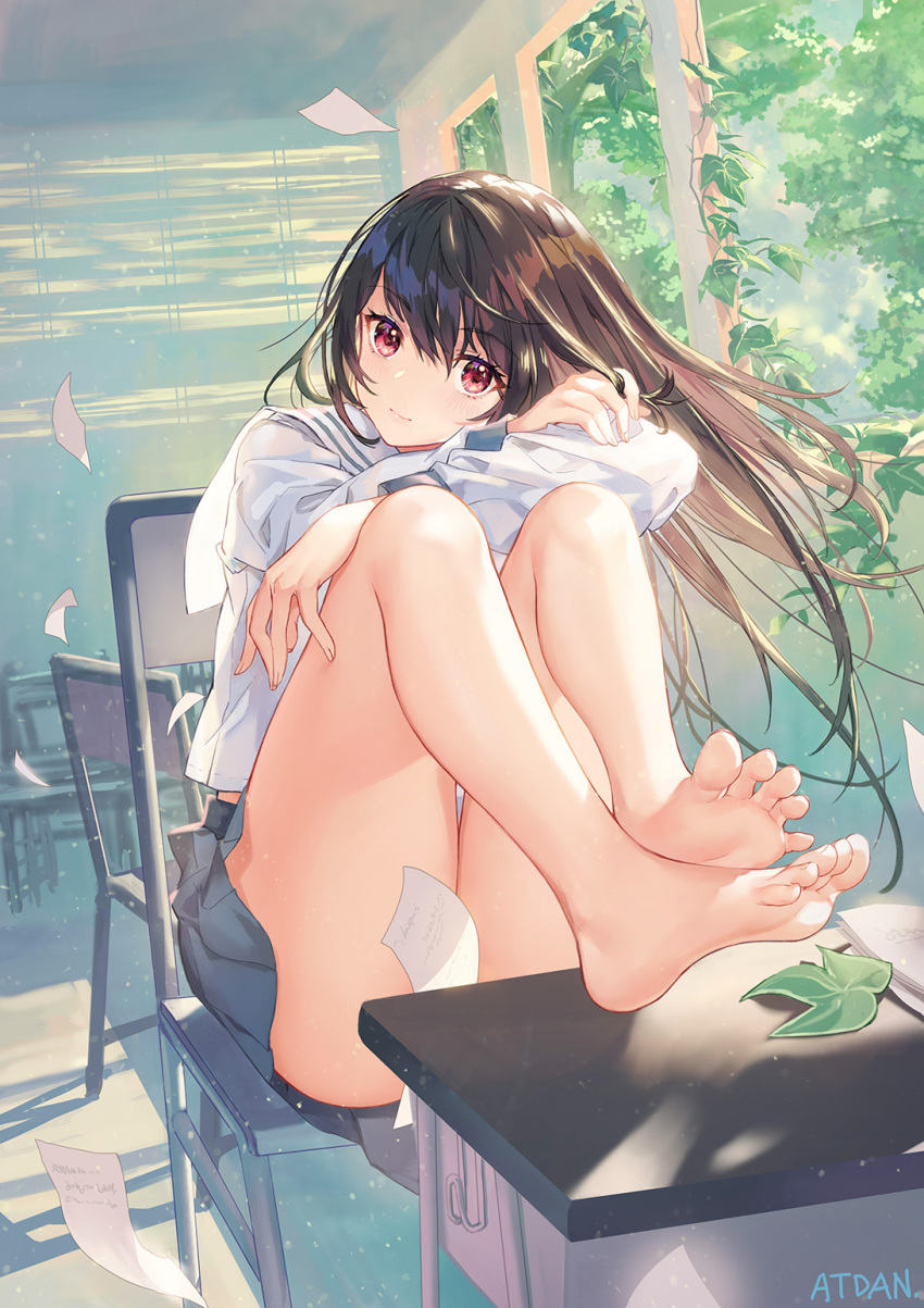 1girl, artist_name, ass, atdan, bangs, bare_legs, barefoot, black_skirt