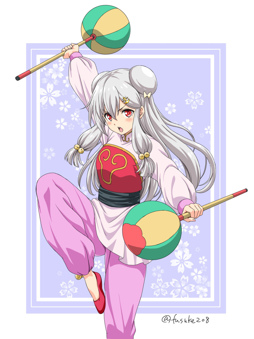 .live, 1girl, absurdres, arm_up, bangs, blue_background, bow, breastplate, chinese_clothes, chui_(weapon), commentary, cosplay, double_bun, dual_wielding, fighting_stance, floral_print, frown, fuusuke_(fusuke208), hair_bobbles, hair_bow, hair_ornament, highres, holding, holding_weapon, leg_up, long_hair, looking_at_viewer, open_mouth, outside_border, pants, purple_pants, purple_shirt, ranma_1/2, red_eyes, red_footwear, sash, shampoo_(ranma_1/2), shampoo_(ranma_1/2)_(cosplay), shirt, silver_hair, slippers, solo, standing, standing_on_one_leg, twitter_username, v-shaped_eyebrows, virtual_youtuber, weapon, yellow_eyes, yozakura_tama