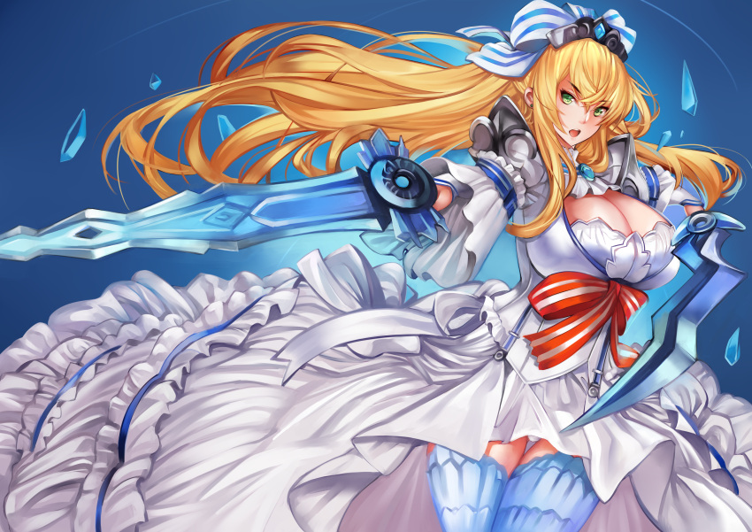 1girl, absurdres, blonde_hair, blue_legwear, blue_ribbon, breasts, cendrillion_(wonderland_wars), cleavage, commentary_request, dress, dual_wielding, green_eyes, hair_ribbon, highres, holding, huge_breasts, long_hair, looking_at_viewer, open_mouth, ribbon, solo, striped, striped_ribbon, sword, tahnya, thigh-highs, weapon, white_dress, white_ribbon, wonderland_wars