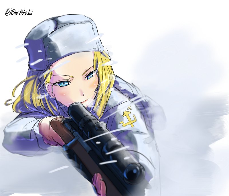 1girl, aiming, blizzard, blonde_hair, blue_eyes, buchikaki, clara_(girls_und_panzer), closed_mouth