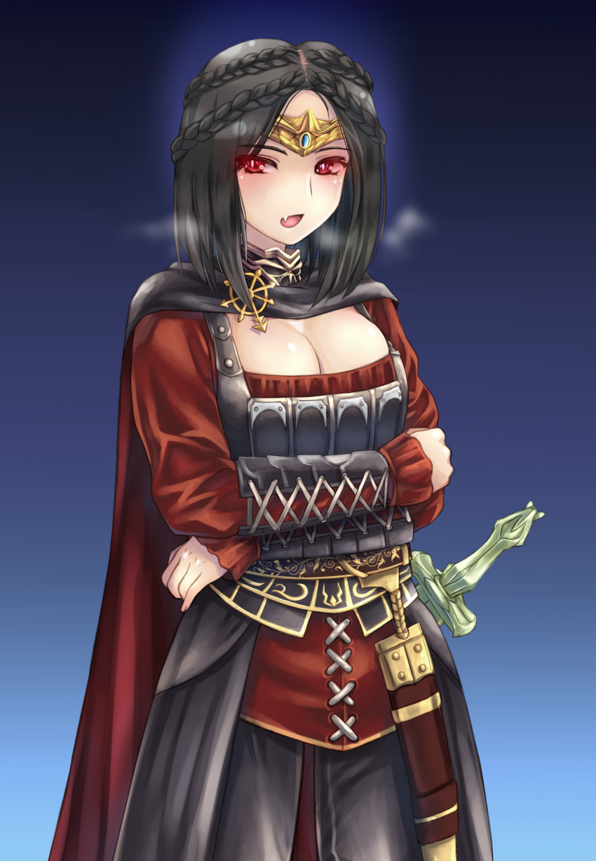 1girl, absurdres, black_hair, black_pants, blouse, blue_background, bracer, braid, breastplate, breasts, breath, cape, cleavage, commentary_request, cowboy_shot, crossed_arms, crown, crown_braid, fang, glowing, glowing_eyes, highres, looking_at_viewer, medium_breasts, medium_hair, nyaou_(round_facer), open_mouth, pants, pin, red_blouse, red_eyes, scabbard, serana, sheath, sheathed, simple_background, sleeves_past_wrists, slit_pupils, solo, standing, sword, the_elder_scrolls, the_elder_scrolls_v:_skyrim, vampire, weapon
