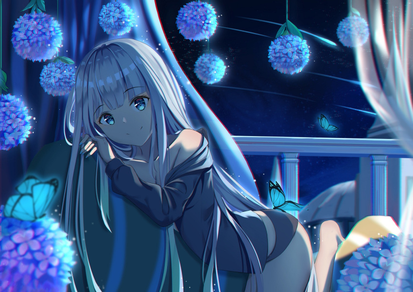 1girl, animal_on_ass, bangs, bare_shoulders, barefoot, black_panties, black_shirt, blue_eyes