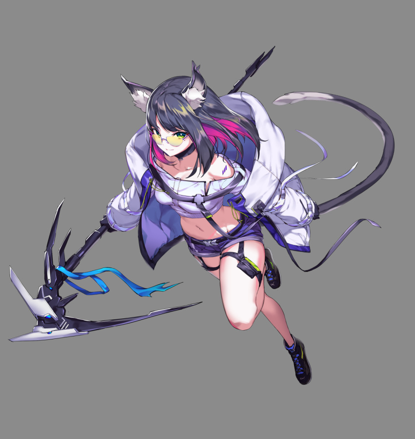 1girl, animal_ear_fluff, animal_ears, bare_legs, bare_shoulders, belt, black_choker, black_footwear