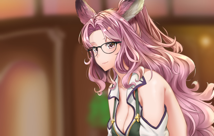 1girl, animal_ears, backless_outfit, bare_shoulders, blurry, blurry_background, braco, breasts