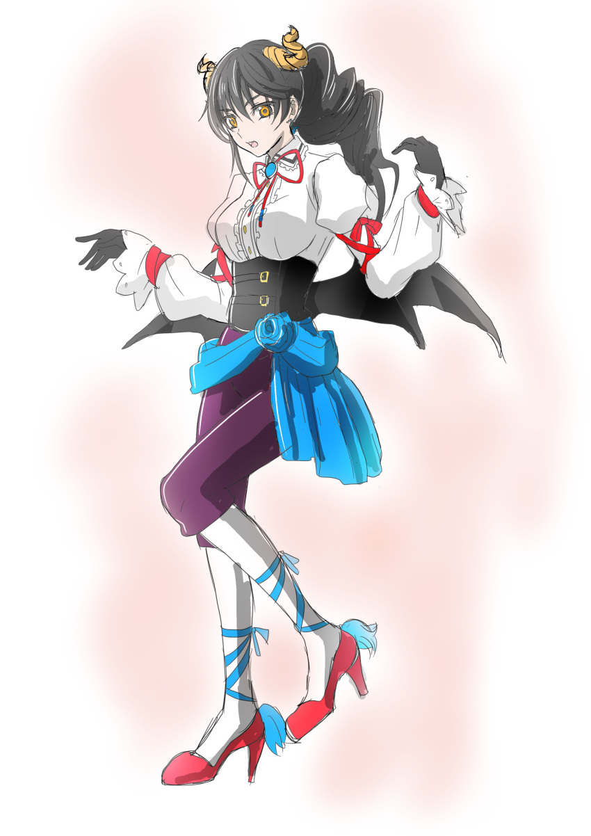 1girl, alternate_costume, alternate_hairstyle, black_gloves, black_hair, black_wings, blue_ribbon, breasts