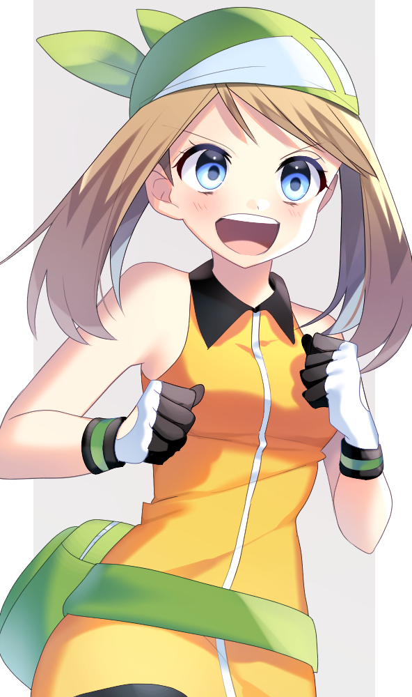 >:d, 1girl, :d, bandanna, bangs, bare_arms, bare_shoulders, blue_eyes, blush, border, breasts, brown_hair, clenched_hands, collared_dress, creatures_(company), dress, eyebrows_visible_through_hair, fanny_pack, female, game_freak, gloves, green_bandanna, grey_background, hands_up, happy, haruka_(pokemon), haruka_(pokemon_emerald), looking_at_viewer, medium_breasts, multicolored, multicolored_clothes, multicolored_gloves, neck, nintendo, open_mouth, orange_dress, pokemon, pokemon_(game), pokemon_emerald, pokemon_rse, round_teeth, short_hair, sleeveless, sleeveless_dress, smile, solo, swept_bangs, teeth, upper_body, upper_teeth, white_border, yuihiko