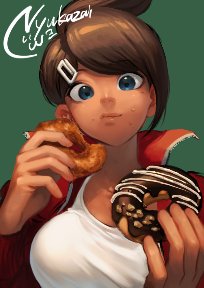 1girl, asahina_aoi, blue_eyes, breasts, brown_hair, commentary_request, dangan_ronpa, dangan_ronpa_1, dark_skin, doughnut, eyebrows_visible_through_hair, face, food, from_below, green_background, hair_ornament, hairclip, holding, holding_food, jacket, large_breasts, looking_at_viewer, nyuukazai, open_clothes, open_jacket, red_jacket, shirt, short_hair, signature, simple_background, solo, white_shirt