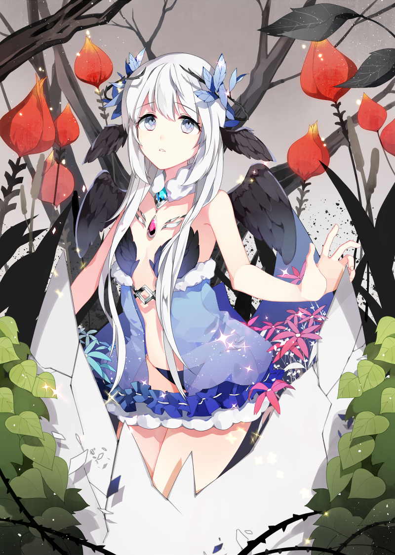 1girl, aqua_eyes, bare_arms, bare_shoulders, black_panties, black_wings, blue_dress, breasts, chain_chronicle, commentary_request, dasulchan, detached_collar, dot_nose, dress, eyebrows_visible_through_hair, feathered_wings, flower, gem, hair_ornament, jewelry, leaf, leaf_hair_ornament, looking_up, no_bra, original, outdoors, panties, red_flower, revealing_clothes, see-through, short_hair_with_long_locks, small_breasts, solo, standing, tree, underwear, whtie_hair, wings