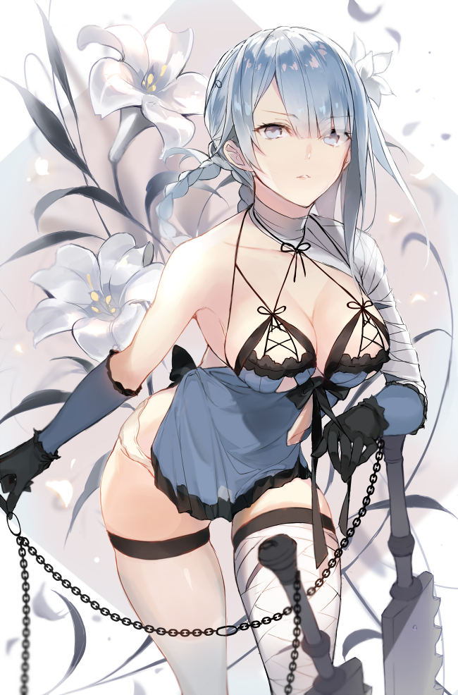 1girl, arm_warmers, bandage, bandaged_arm, bandaged_leg, bandages, bangs, bare_shoulders