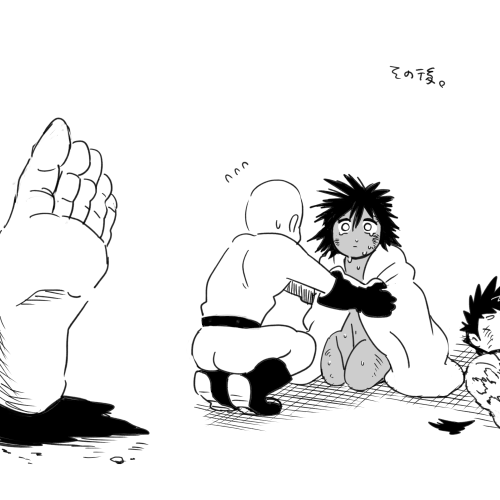1girl, 3boys, bald, barefoot, blood, cagero, cape_removed, character_request