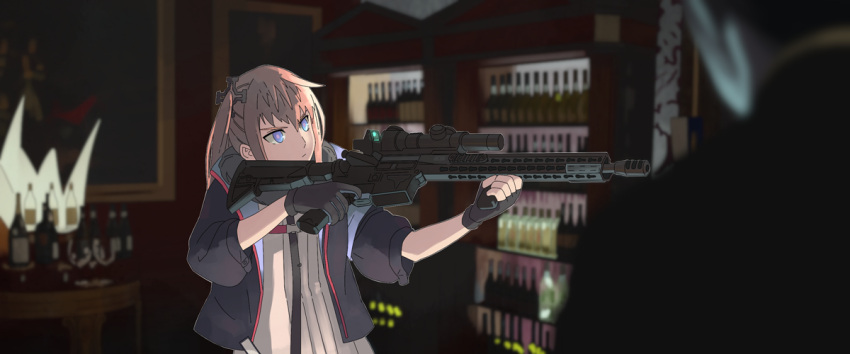 1girl, ar-15, assault_rifle, bangs, black_gloves, blue_eyes, bottle, dress