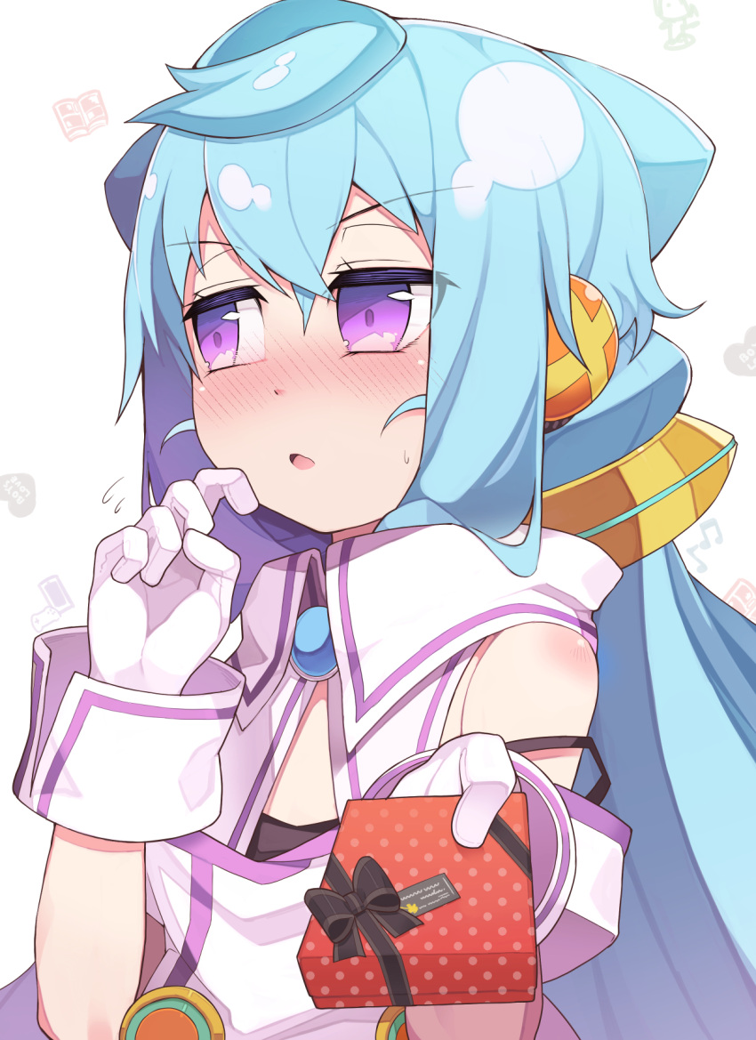 1boy, blue_hair, blush, box, gift, gift_box, gloves, hacka_doll, hacka_doll_3, highres, long_hair, male_focus, nyakkuru, open_mouth, otoko_no_ko, solo, valentine, violet_eyes, white_background, white_gloves