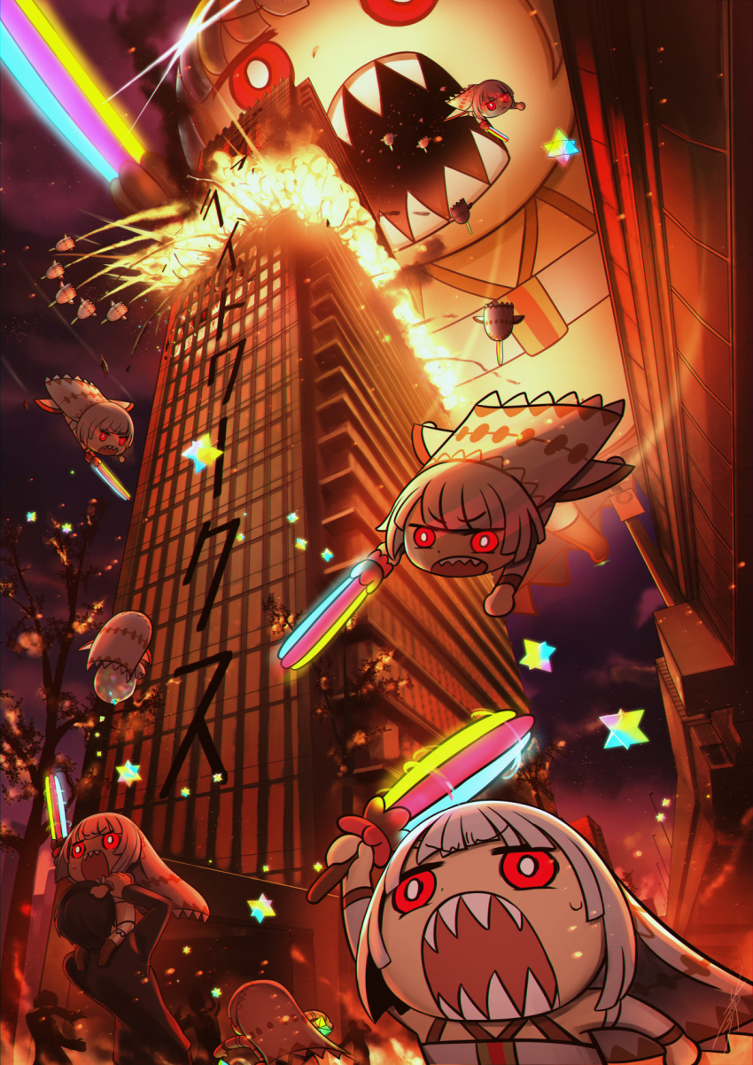 6+girls, altera_(fate), city, clone, commentary_request, explosion, eyebrows_visible_through_hair, fate/grand_order