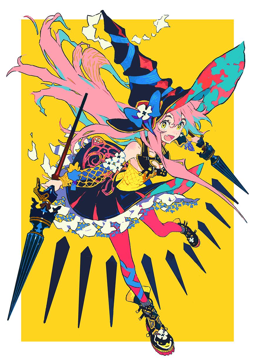 1girl, bow, detached_sleeves, dress, dual_wielding, fang, hat, highres