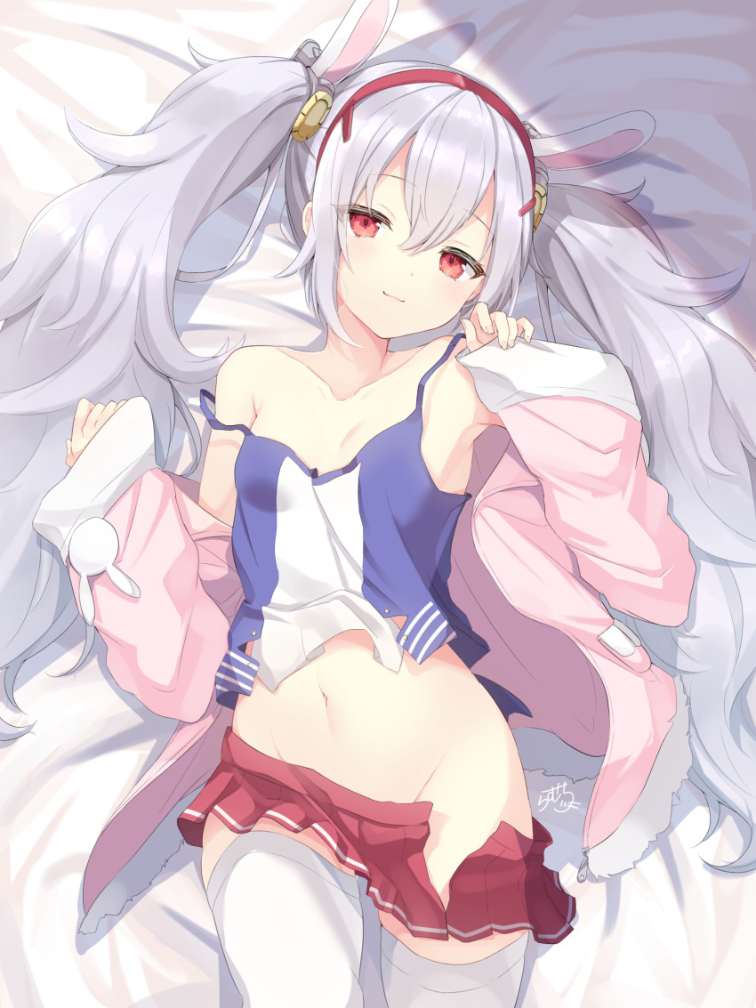 1girl, animal_ears, azur_lane, bare_shoulders, bed_sheet, breasts, closed_mouth, commentary_request